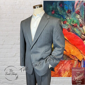 Vintage Haggar Imperial Ultra Mens 46L 40x32 Gray Suit Ghost Bankers Stripe